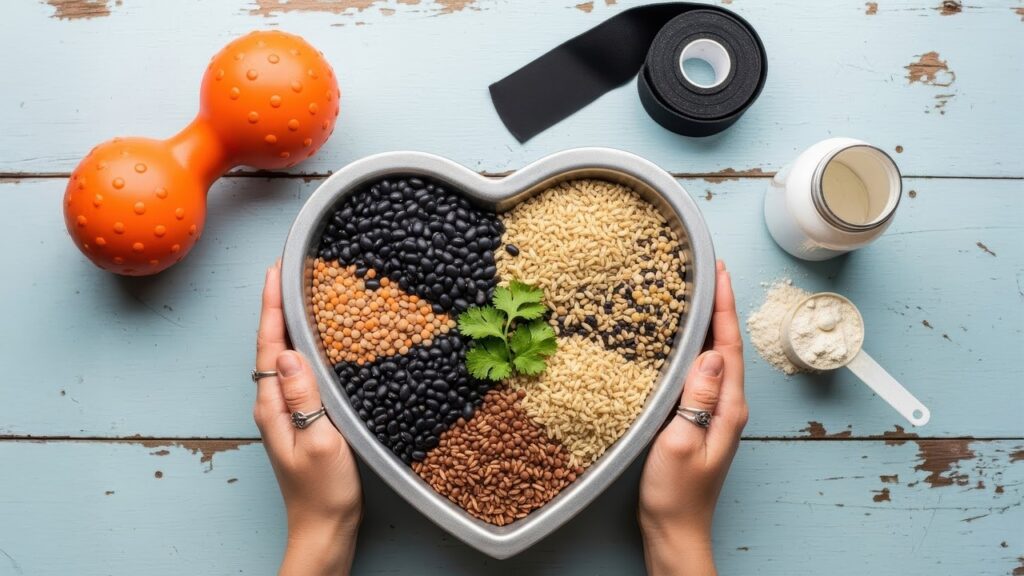 Heart-shaped bowl of grains and beans beside protein powder scoop and dumbbell, illustrating creatine supplement use in pregnancy