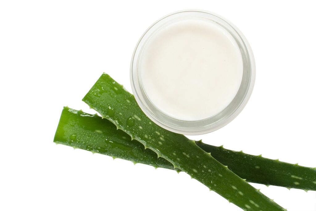 White cream jar with its lid off beside fresh aloe vera leaves, representing skin lightening and brightening creams