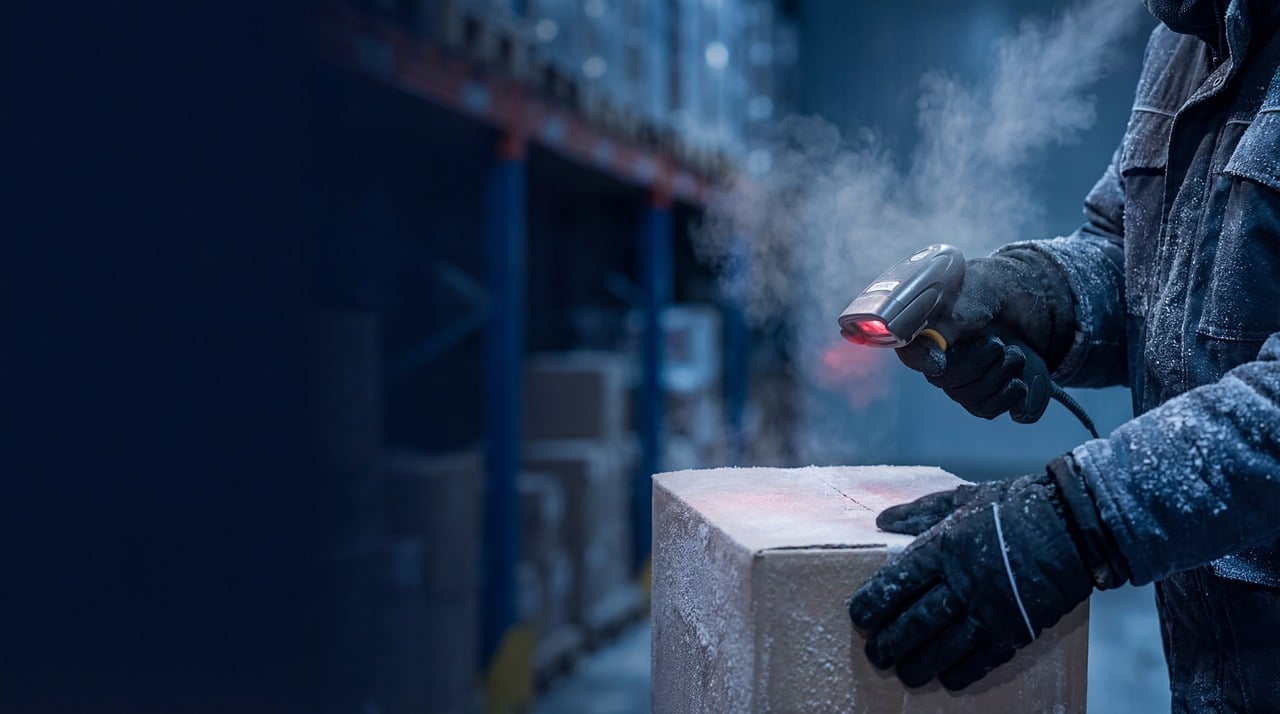 Gloved hand aiming a red barcode scanner at a package, representing scanning a product before you buy