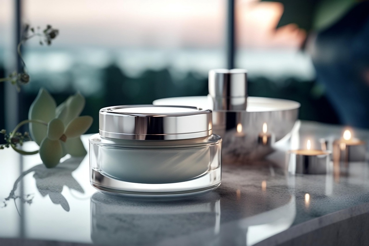 Silver-lidded cosmetic cream jars on a marble surface with candles, representing beauty products on sale