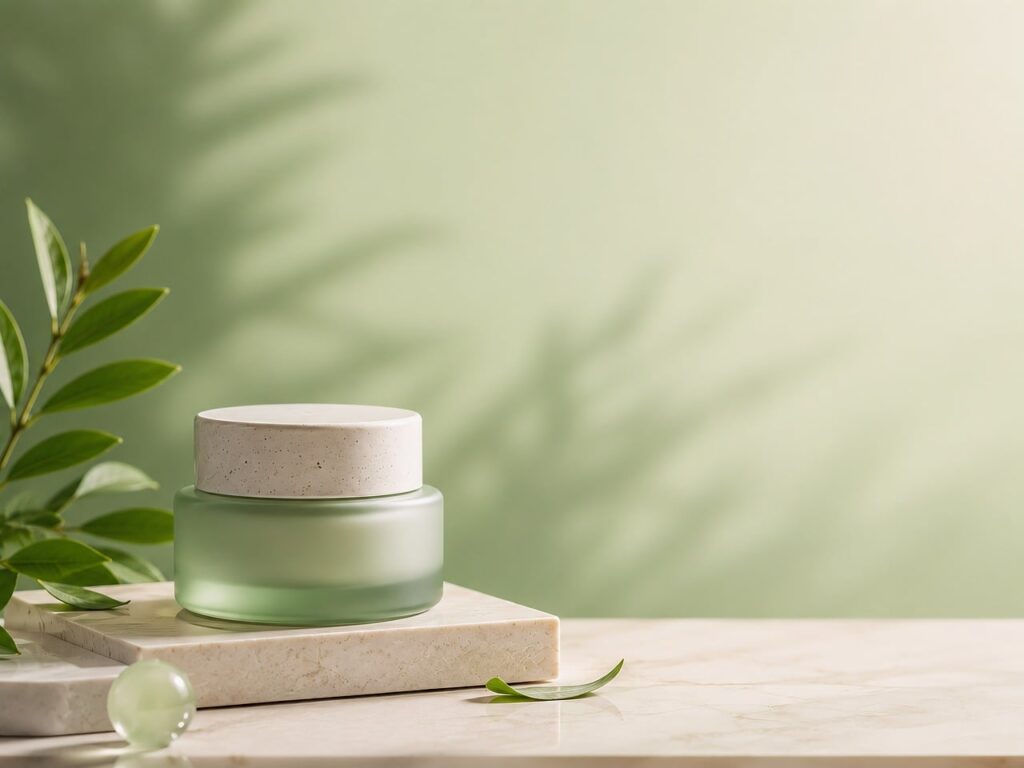 Green glass jar of face cream on a stone pedestal beside leaves, representing peptide skincare