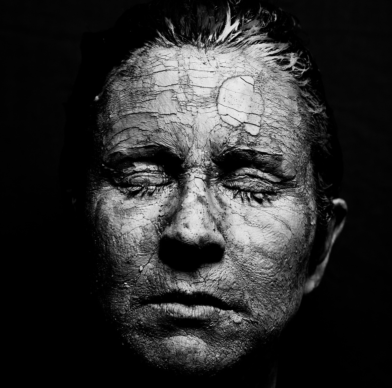 Black and white portrait of a woman with dry, cracked facial skin, considering arbutin during pregnancy safety.