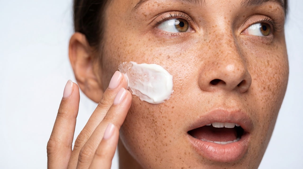 Close-up of a freckled woman applying face cream, wondering if retin-a safe during pregnancy.
