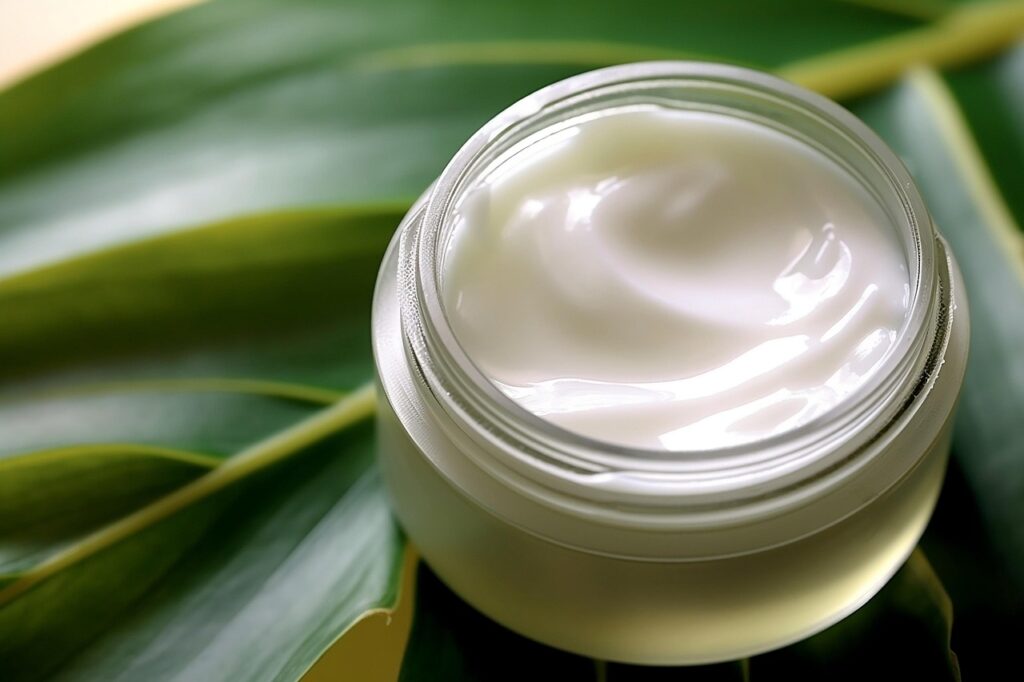 Glass jar of white moisturizing cream resting on a green leaf, representing salicylic acid skincare