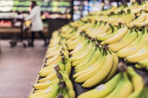 Rows of ripe yellow bananas on a grocery store display, representing checking food safety while shopping for pregnancy