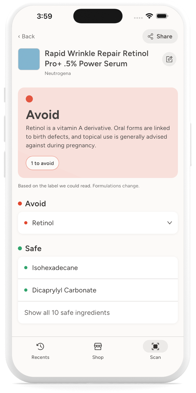 SafeMom result reading Avoid for a retinol serum