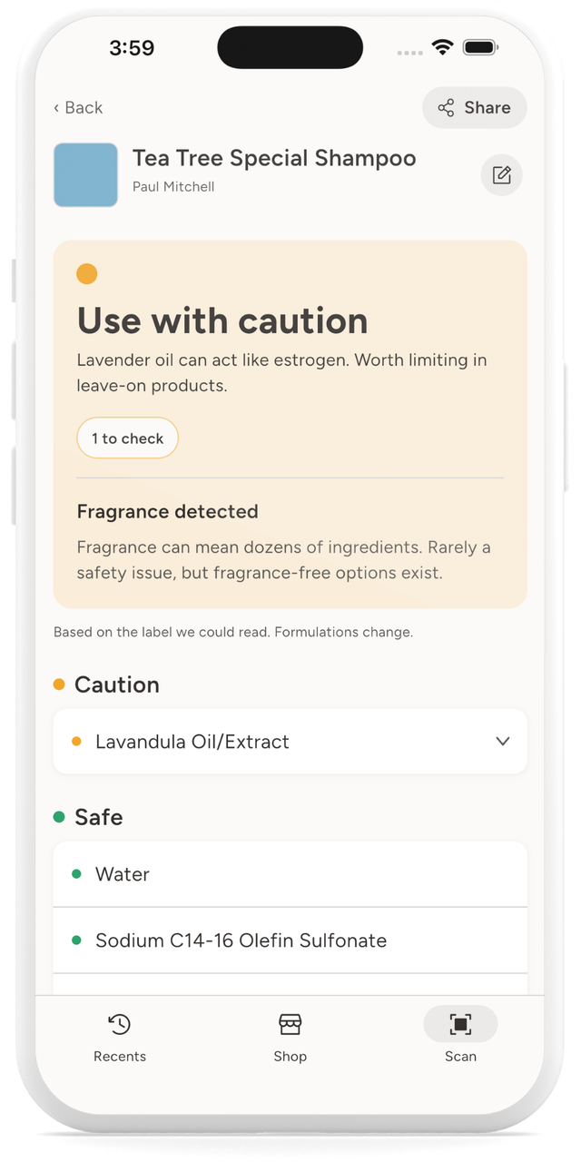 SafeMom result screen showing Use with caution and the ingredient to check