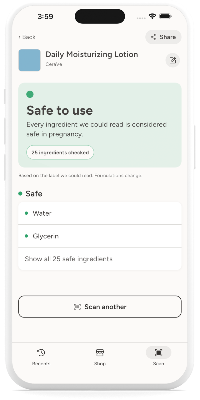 SafeMom result reading Safe to use for a daily moisturizing lotion