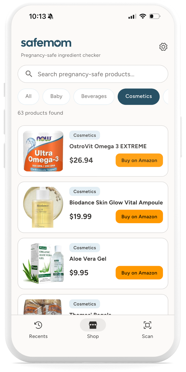 SafeMom Shop screen listing pregnancy-safe products