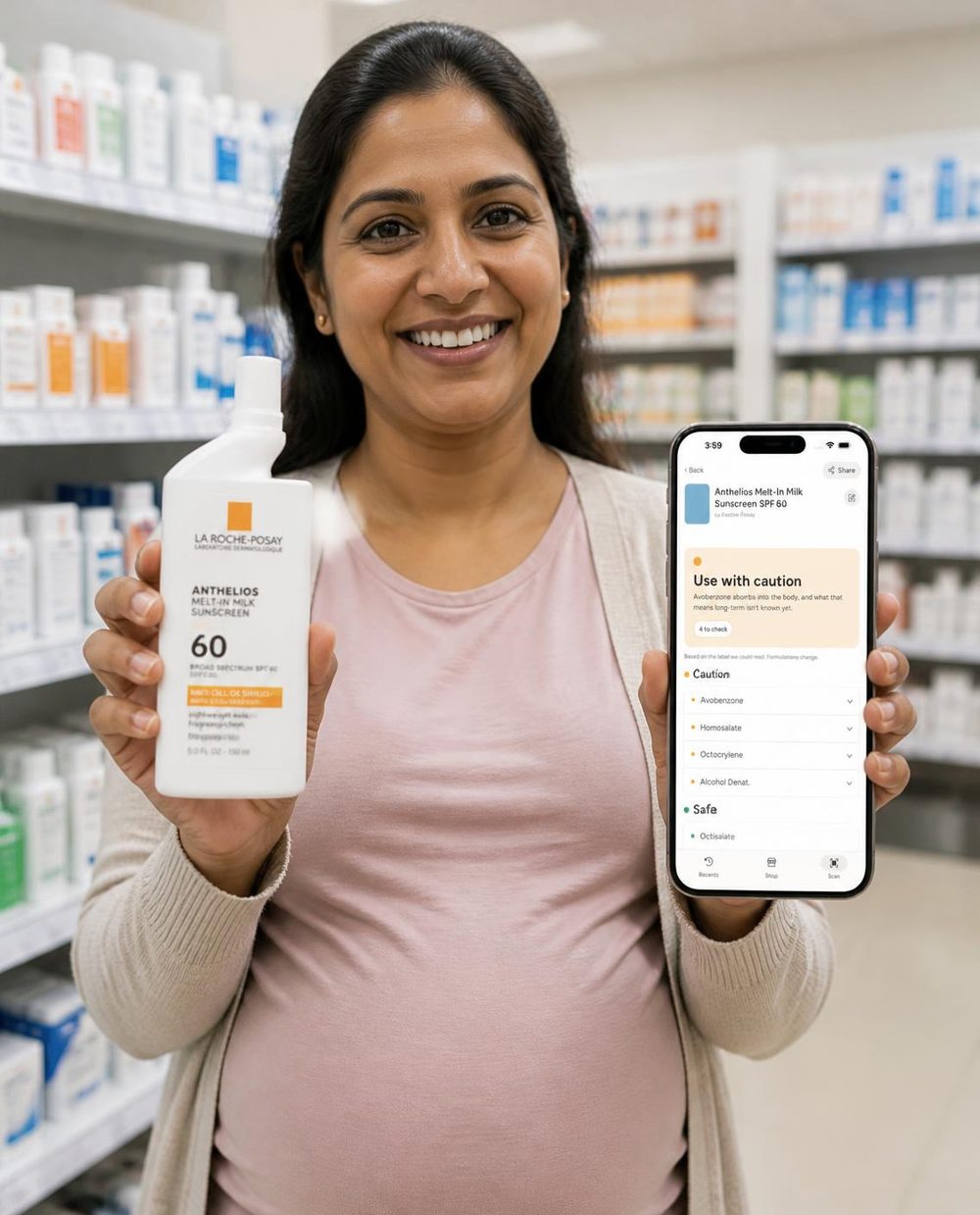 A woman in a pharmacy holding a sunscreen and a phone showing a Use with caution result