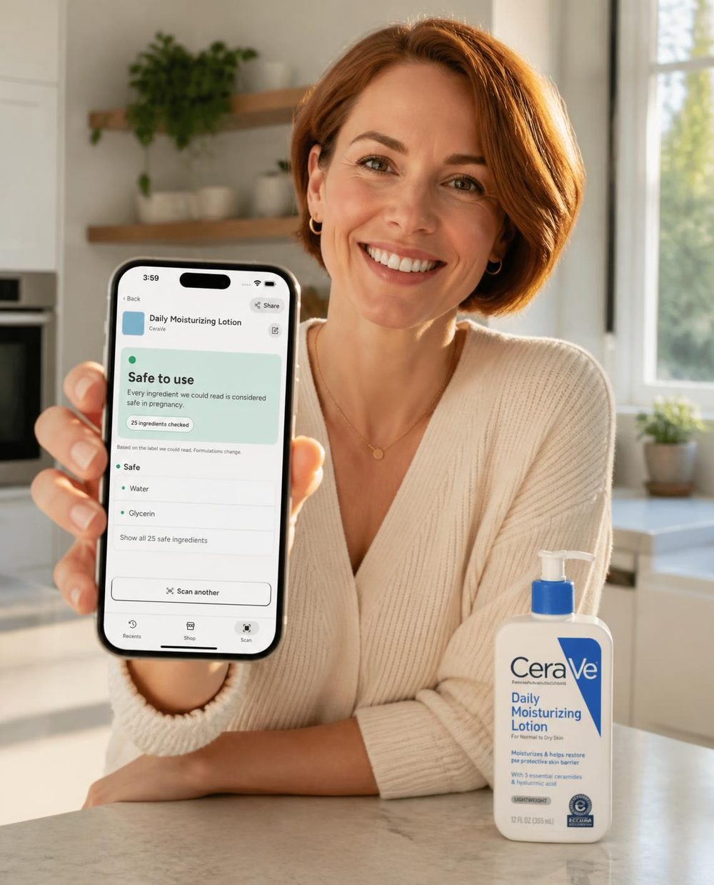 A smiling woman holding a phone that shows a Safe to use result beside a lotion bottle